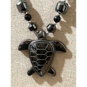 Genuine Turtle Hematite Pendant & Beaded Necklace -- 16"
